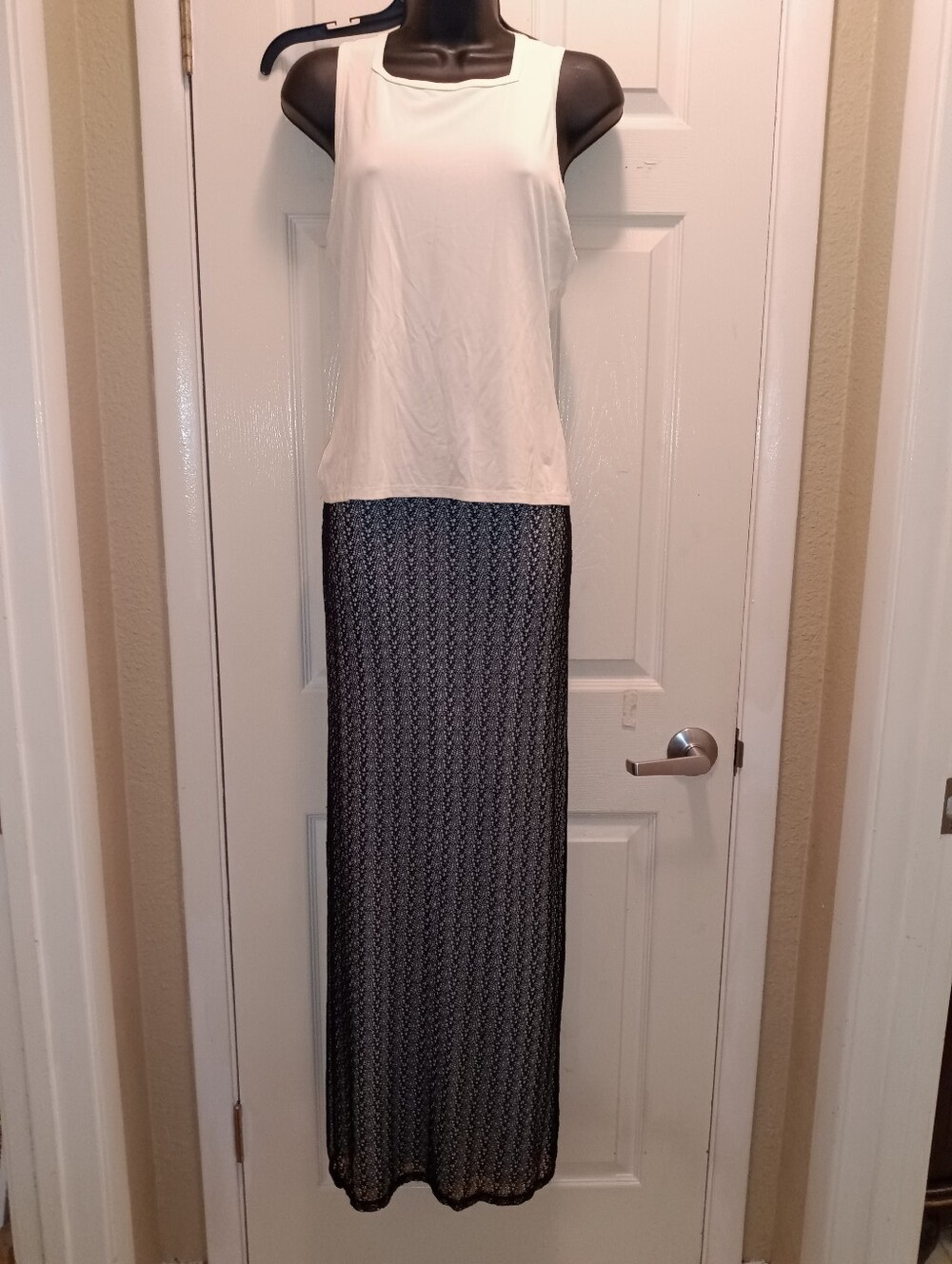 Poleci Women’s Black Patterned Maxi Skirt Creme Tank Set Casual Everyday Style